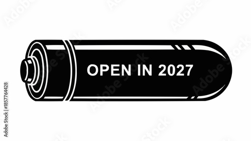 Futuristic battery with OPEN IN 2027 text on modern white background