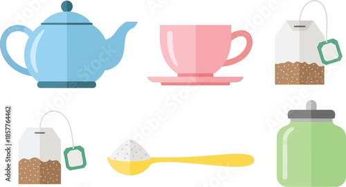 Set of 6 tea accessories flat design teapot cup bag sugar spoon and jar