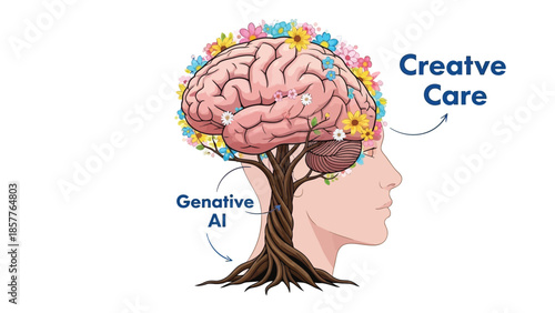 Conceptual illustration depicting generative artificial intelligence nurturing creative care through a blossoming brain tree concept symbolizing mental growth and innovation