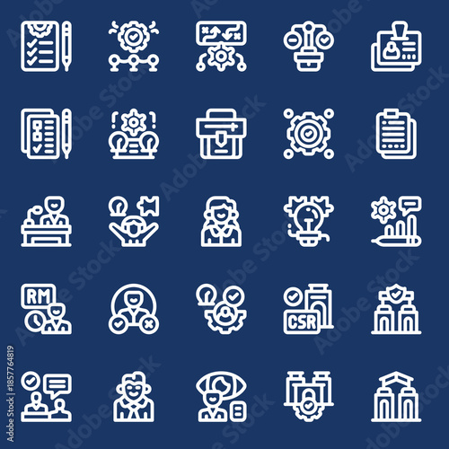 Essential outline vector icons for corporate office management, business strategy, human resources, and project development, depicting key operational concepts and leadership roles