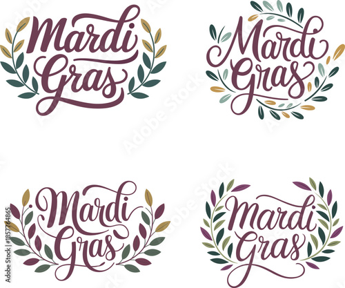 Hand Drawn Mardi Gras Calligraphy and Floral Wreath Vector illustration