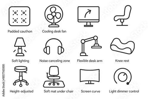 Vector knee seat comfort cushion support arm control icon angle workplace icons