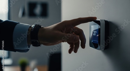 Hand Adjusting Smart Thermostat on Wall in Modern Office Environment Setting