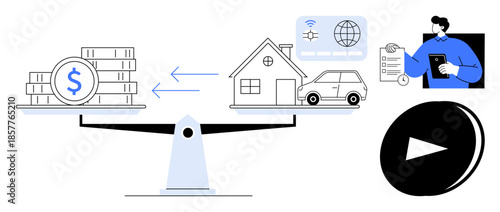 Financial planning, economic decisions, digital payments, wealth management, technology integration, asset valuation. Scales balance coins and assets, highlighting digital interaction. Financial