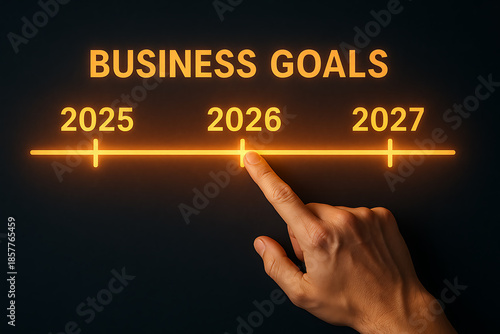 Hand pointing at business goals year timeline with glowing yearly targets and corporate planning strategy for success growth