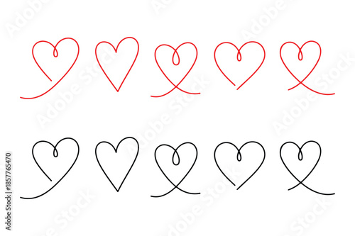 Collection of hand-drawn heart symbols in red and black ink on a white background