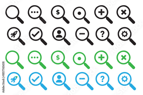 Magnifying glasses with various symbols examining different aspects
