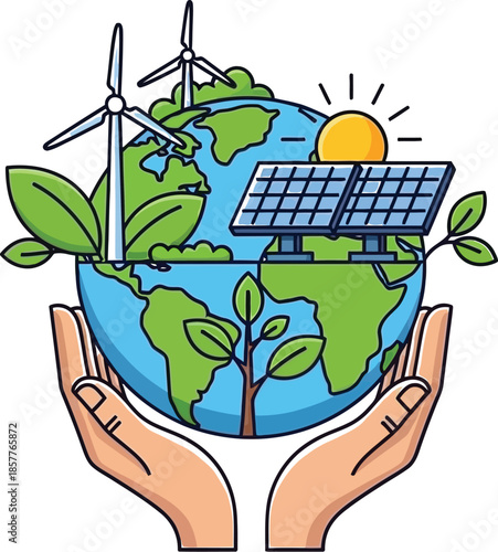 Hands cradling the planet Earth featuring sustainable energy sources like wind turbines and solar panels promoting ecological conservation efforts globally