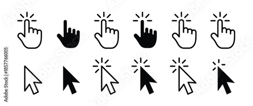 background white with set of hand cursor icons click and cursor icons click, mouse interface, link selection, and digital clicking.