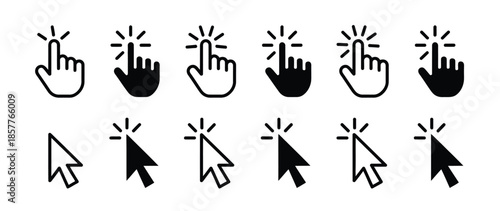 background white with set of hand cursor icons click and cursor icons click, featuring modern arrow pointers, selecting fingers, link indicators, and digital navigation symbols for website user.