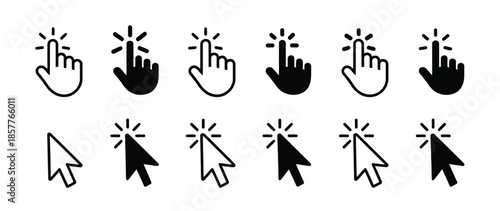 background white with set of hand cursor icons click and cursor icons click, featuring modern arrow pointers, selecting fingers, link indicators, and digital navigation symbols for website user.