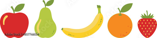 Set of 5 fruit icons flat illustration apple pear banana orange and strawberry