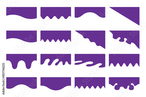 A collection of abstract purple illustrations on a white background, showcasing various shapes and designs, viewed from a straightforward perspective