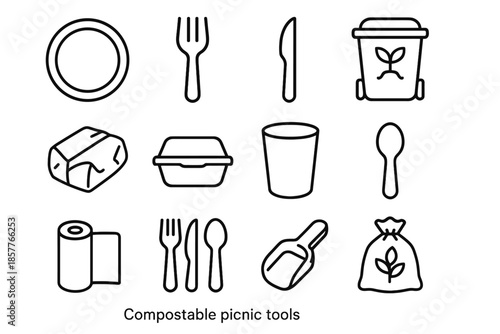Vector wrap compostable tools knife compost pulp picnic icon set fork fiber