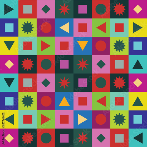 Colorful geometric pattern with various shapes including circles squares triangles and stars in a vibrant design suitable for backgrounds and wallpapers