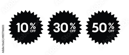 Black Sale Discount Starburst Tags Set with 10 Percent 30 Percent and 50 Percent Off Text for Retail Marketing Promotions and E-commerce Price Reductions - High Vectorial Stock Image