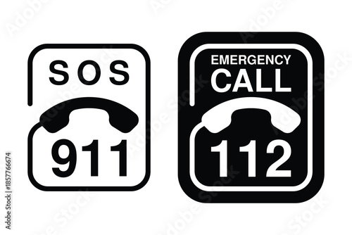Emergency SOS Call Icons Set with International 911 and 112 Rescue Numbers, Telephone Handset Symbols, and Minimalist Safety Signage for Urgent Assistance and Security - High Vectorial Stock Image