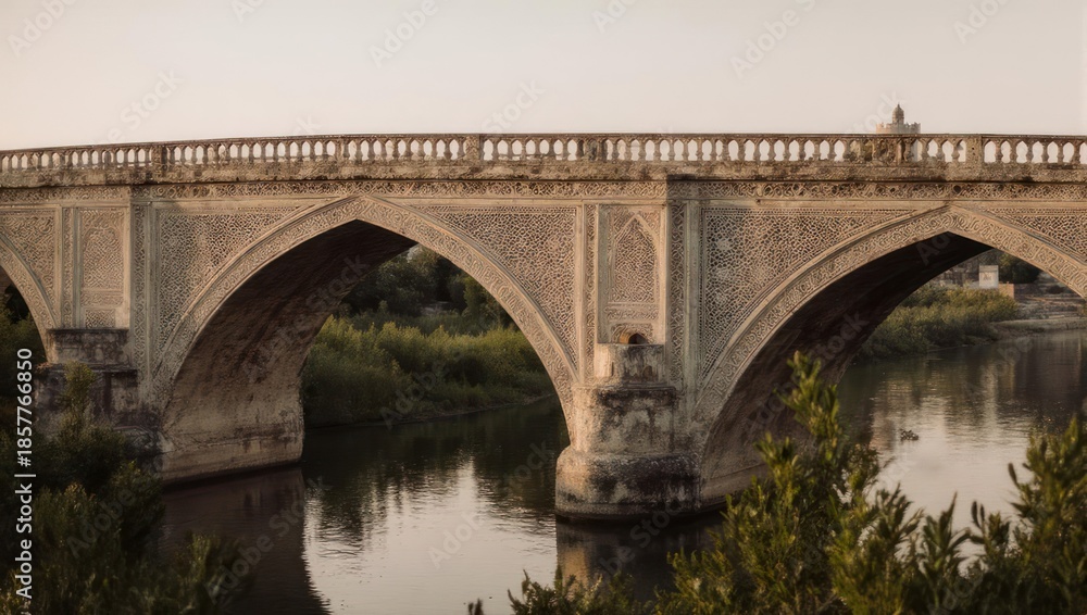 Fototapeta premium Picturesque stone bridge over a tranquil river reflecting the arches.