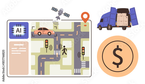 AI interface for traffic systems, satellite, car, pedestrian, truck, dollar sign. Ideal for AI, automation transportation logistics urban planning mobility cost analysis. Simple flat metaphor