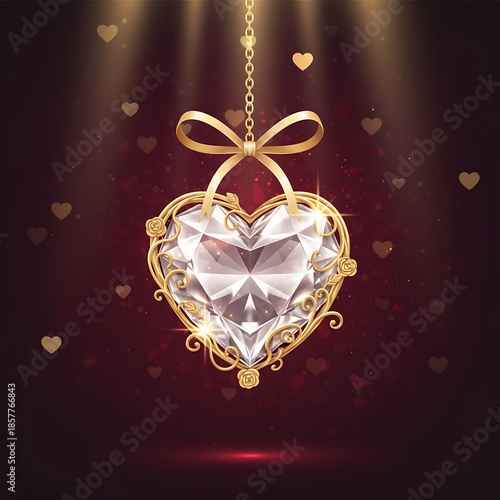 Luxury Valentine Ornament Design Featuring Crystal Heart with Gold Details on Dark Romantic Background, 