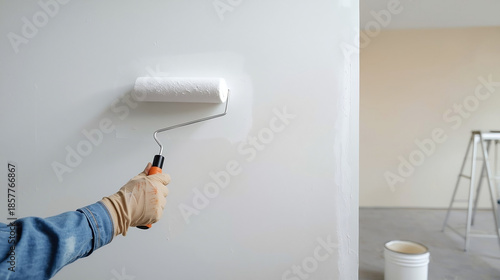 Hands of a painter applying white paint to a wall with a roller. Clean interior space, minimal background. Concept of renovation and home improvement.
