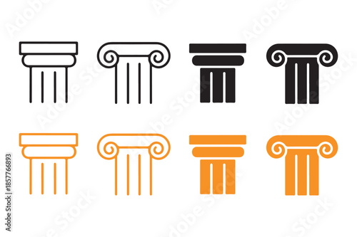 A collection of stylized illustrations of ancient Greek columns in various colors