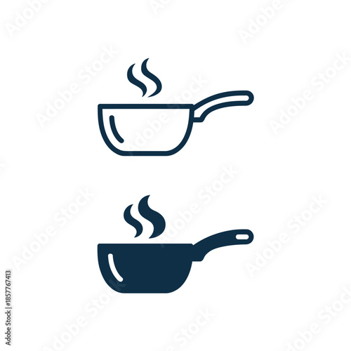 Saucepan icon set with steaming pot in outline and filled style for cooking concepts