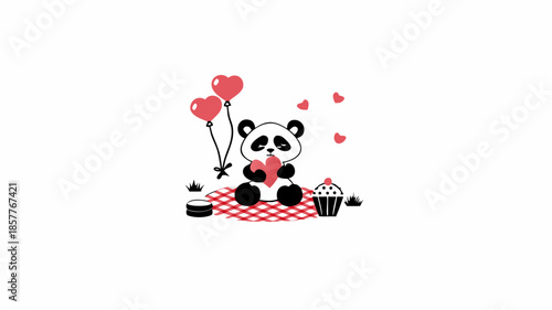 Cute panda bear enjoying romantic picnic with heart balloons