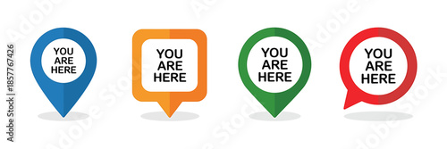 Colorful 'you are here' map location pins in various modern flat design styles