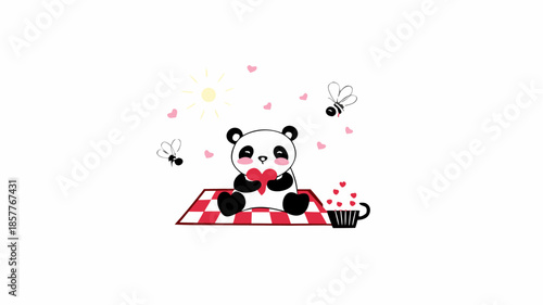 Cute panda bear enjoying a romantic picnic with heart
