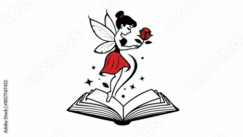 Whimsical fairy standing on an open book with a rose