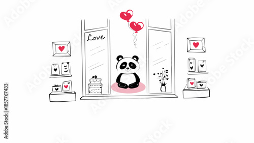 Adorable panda in love with heart balloons and gifts
