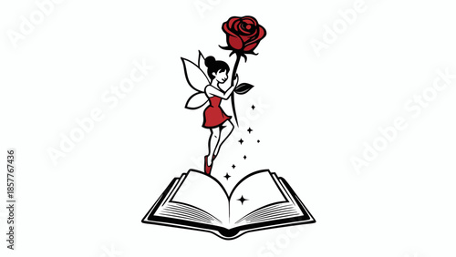 Whimsical fairy standing on an open book with a red rose