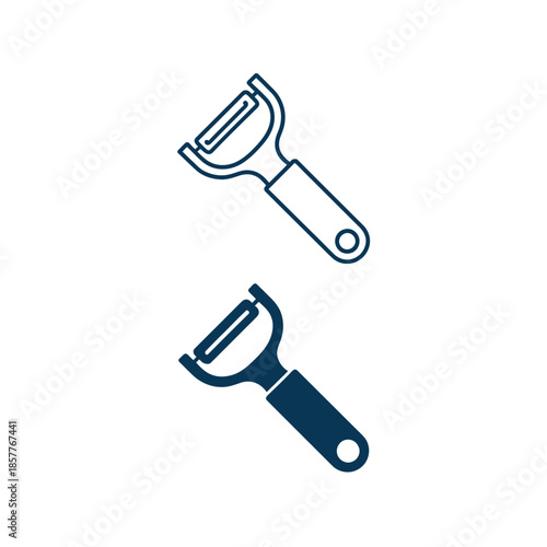 Two distinct icons representing a kitchen vegetable peeler, one outline and one solid fill