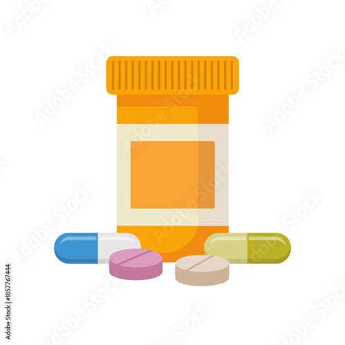 Medical prescription bottle with various pills and capsules for health and treatment