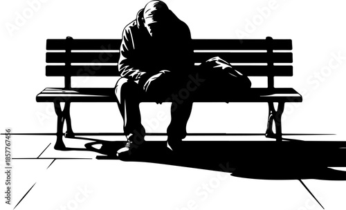 homeless person sleeping on a park bench silhouette vector illustration
