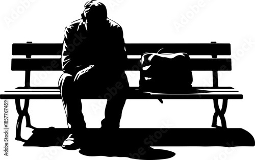 homeless person sleeping on a park bench silhouette vector illustration