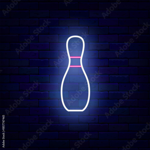 Bowling club. Single pin neon icon. Strike winning. Sport tournament sign on brick wall. Light emblem. Editing text. Vector stock illustration