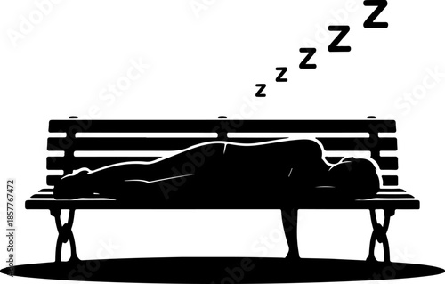 homeless person sleeping on a park bench silhouette vector illustration