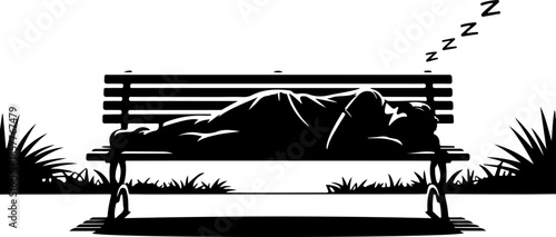 homeless person sleeping on a park bench silhouette vector illustration