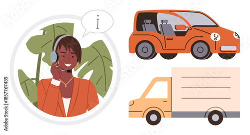 Smiling operator with headset providing assistance, small car and delivery truck illustrations. Ideal for customer service, transportation, logistics, vehicle rental, delivery, communication