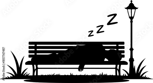 homeless person sleeping on a park bench silhouette vector illustration