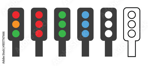 Traffic lights in various signal states and colors displayed on a white background