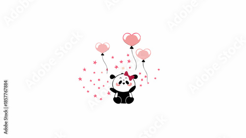 Cute panda with pink heart balloons and stars