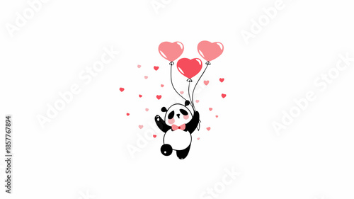 Adorable panda holding heart balloons in joyful celebration