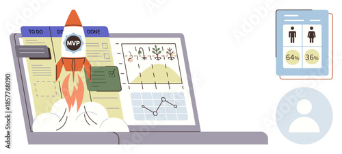 Rocket labeled MVP launching from laptop displaying charts, graphs, and task management. Nearby, gender-based analytics on a report. Ideal for innovation, data analysis, productivity, teamwork