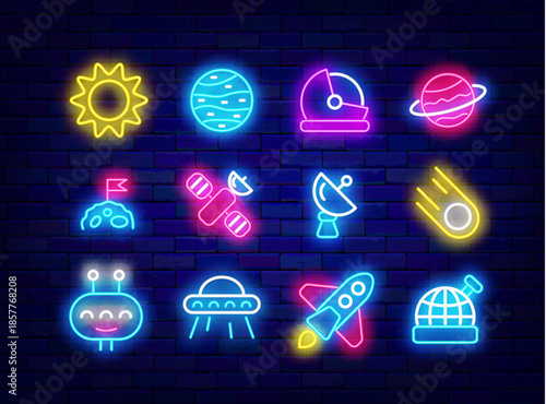 Astronomy neon icons collection. Observatory and comet. Spaceship, sun and telescope. Cosmic set. Universe flight. Bright flyer. Editable stroke. Vector stock illustration