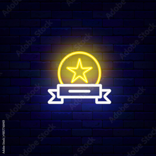 Winner medal with ribbon neon icon. Championship sport trophy. Talent, quiz show. First place prize. Team competition. Editable stroke. Vector stock illustration