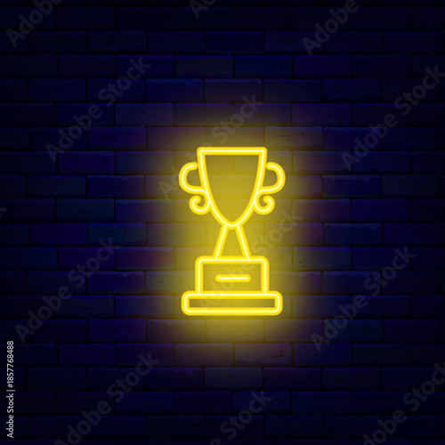 Award cup with star neon icon. Championship sport trophy. Talent, quiz show. First place prize. Editable stroke. Vector stock illustration