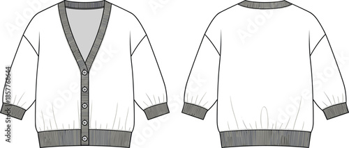 Cardigan sweater front and back view technical fashion illustration, flat outline vector of knitwear clothing design template isolated